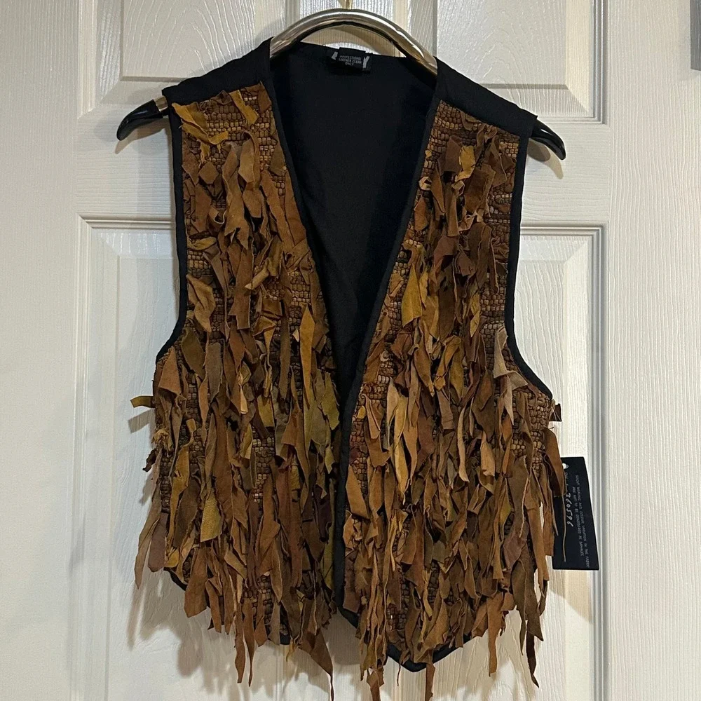 AJNY Mens Brown Shaggy Raw Edge Genuine Leather Vest Boho Western Large NWT‎